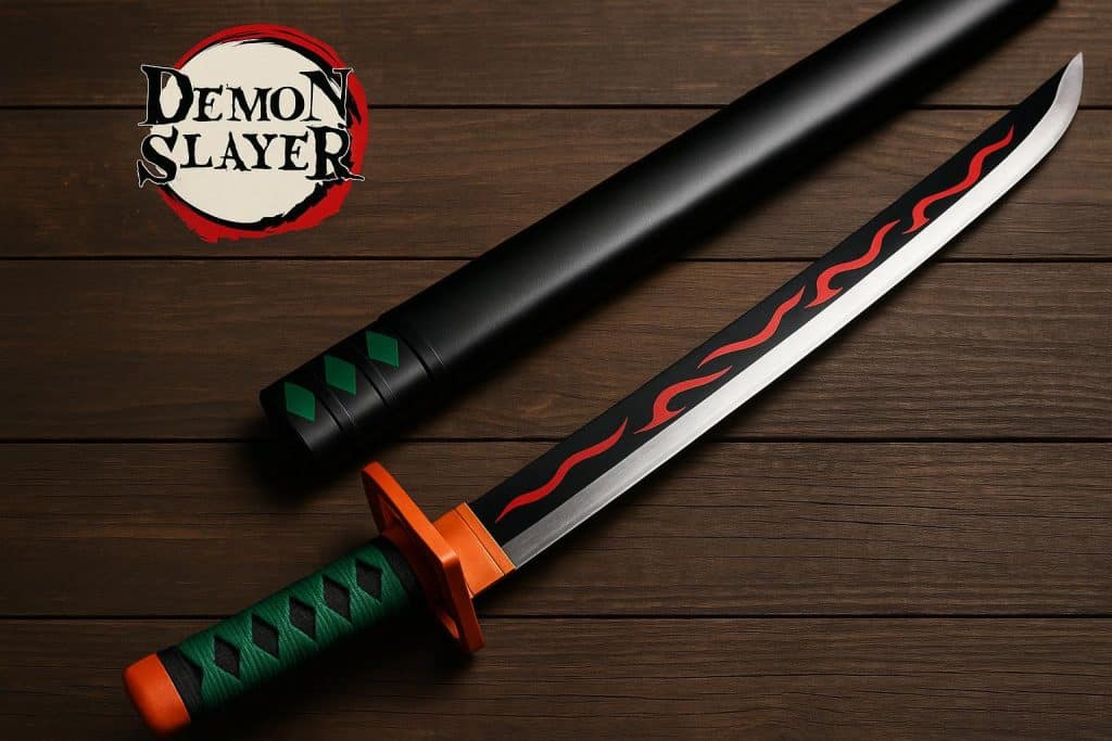 Demon Slayer sword replica displayed with detailed hilt and blade, essential for UK anime collectors