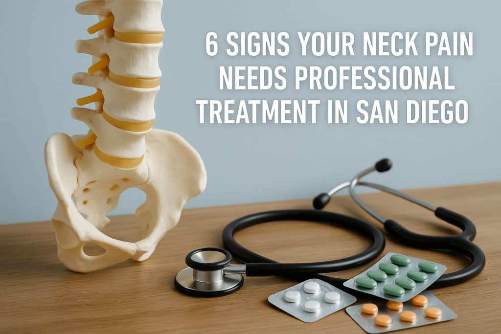 Person touching neck in discomfort, highlighting neck pain treatment options in San Diego