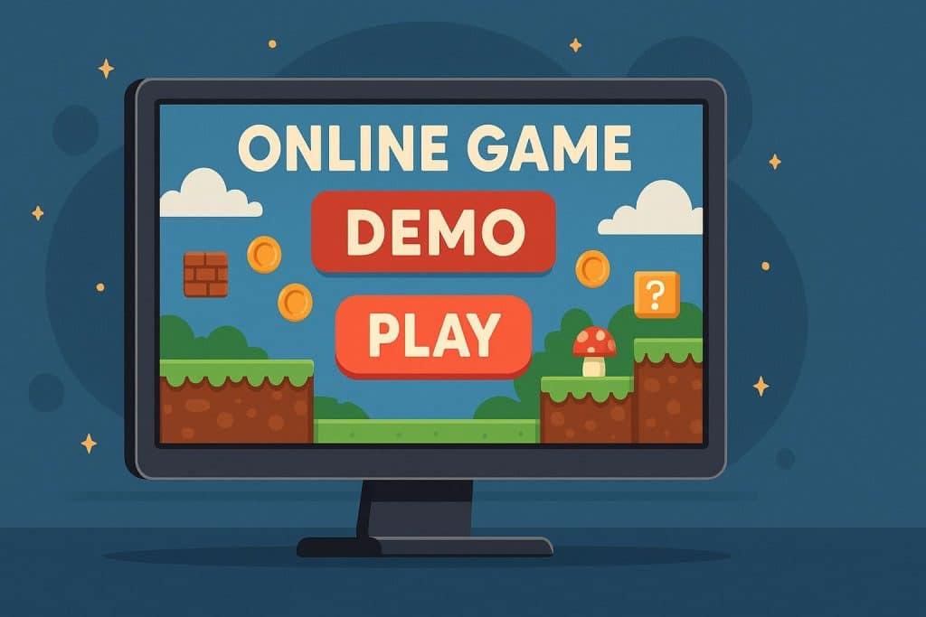 Online game demo screen showcasing gameplay features and interactive trial options