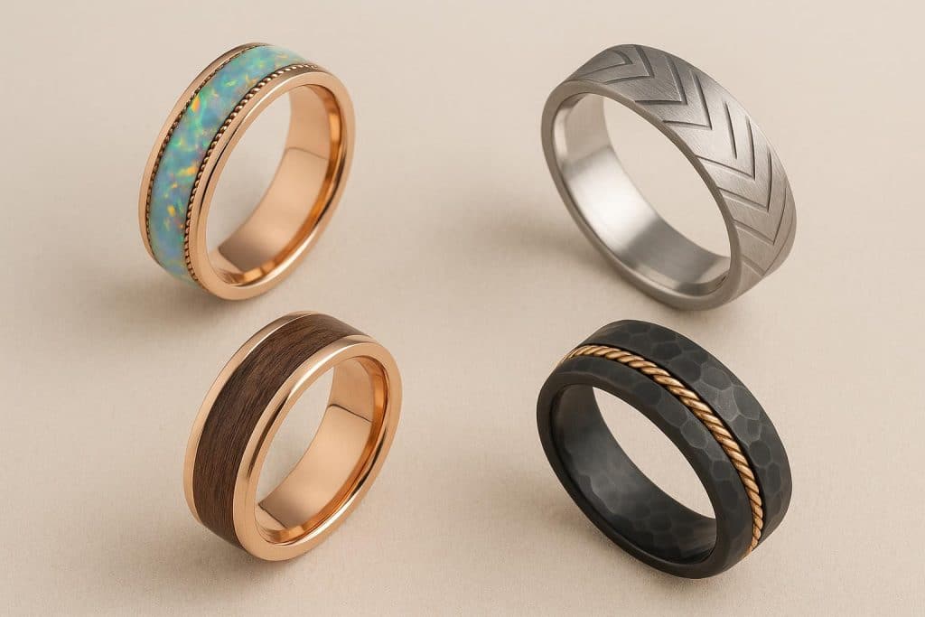 Stylish unique wedding bands with creative designs displayed on a rustic wooden surface