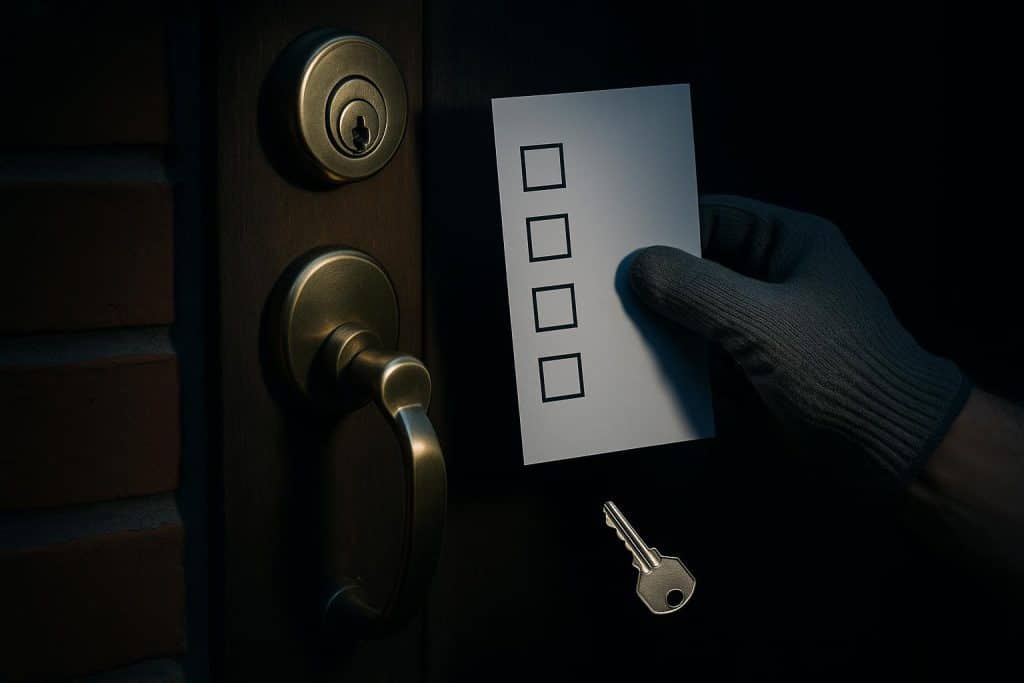 Locksmith inspecting door lock with flashlight during nighttime security check