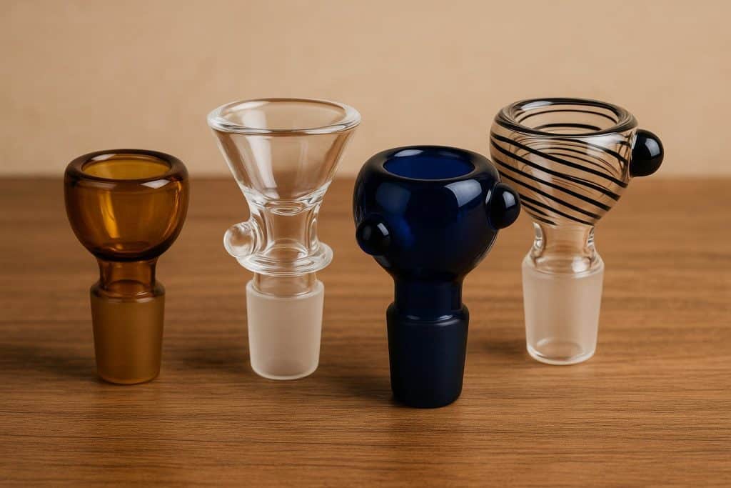 Assorted glass smoking bowls in various sizes, shapes, and colors displayed on a wooden surface