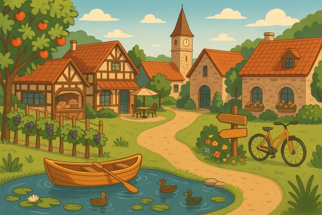 Scenic village landscape with charming cottages, greenery, and traditional rural architecture