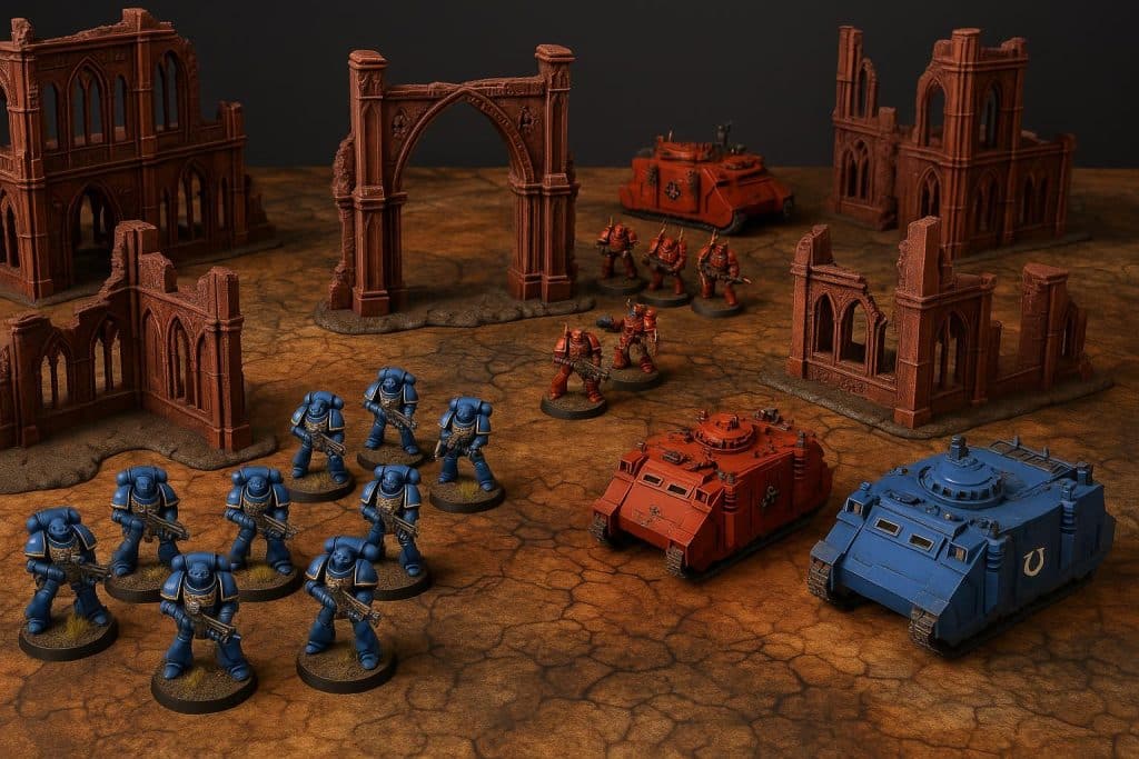 Warhammer 40K gaming table setup with BoxKing terrain and miniatures for immersive gameplay