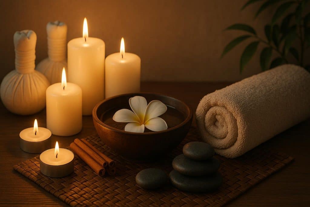 Calming spa setting with massage therapy essentials promoting relaxation and wellness benefits