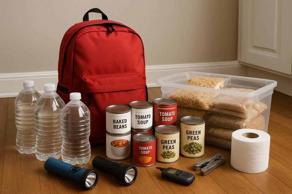 Emergency supplies organized on shelves in a home, illustrating responsible preparedness steps