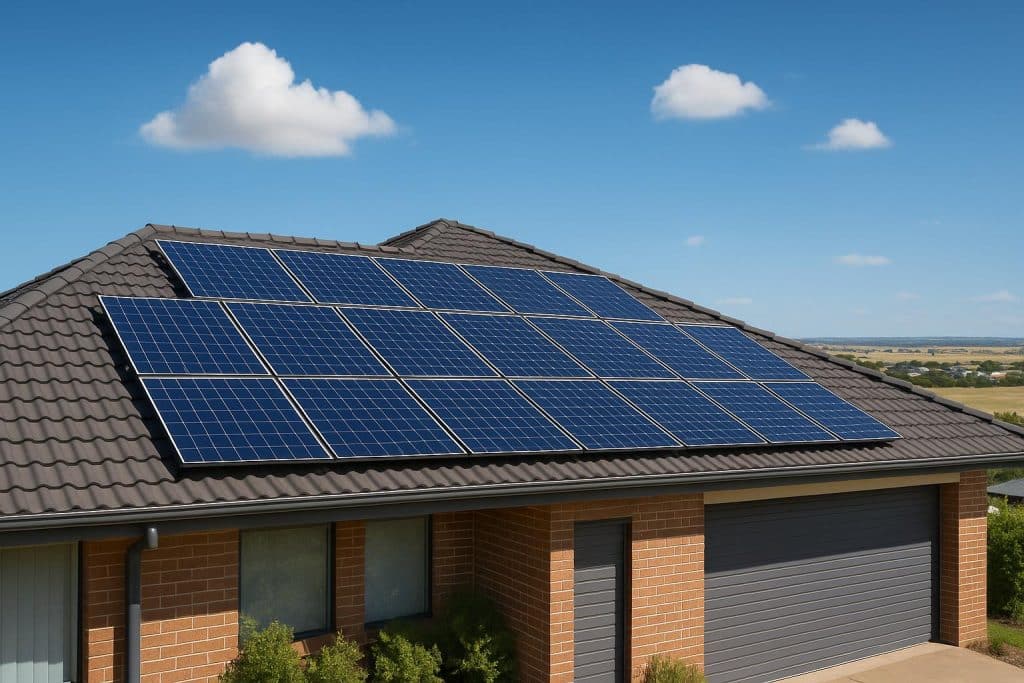 Solar panels installed on a residential roof in Melton under a clear blue sky