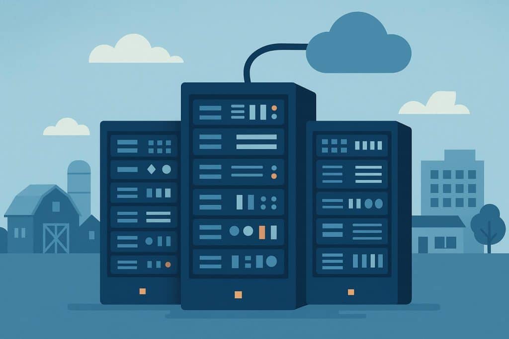 Server racks and network cables representing digital infrastructure built by regional businesses