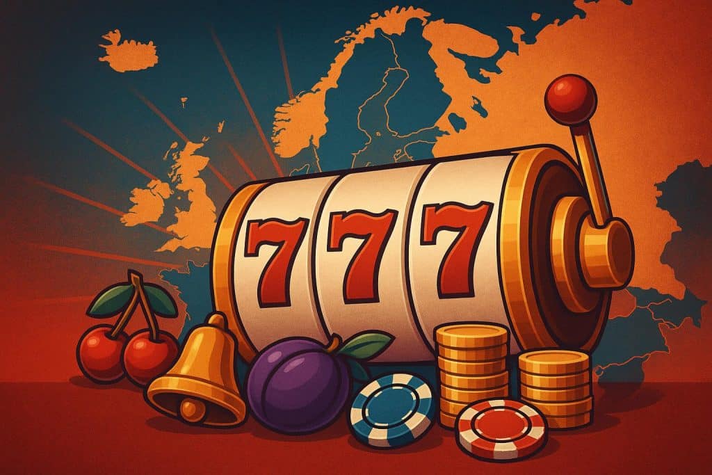 Colorful slot machines lighting up a European casino floor, showcasing popular gaming trends