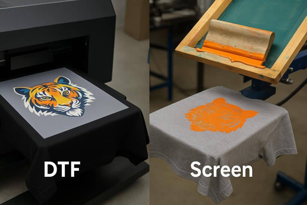 DTF printing machine producing custom t-shirts for small-batch apparel manufacturing