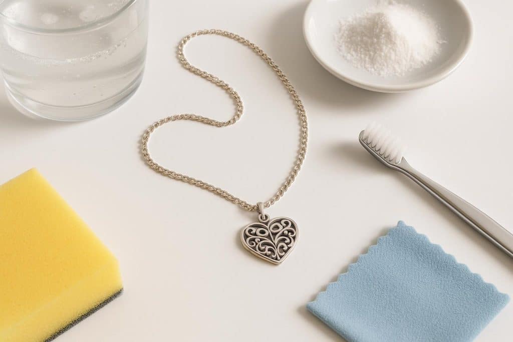 Sterling silver necklace displayed with cleaning tools and supplies on a white background