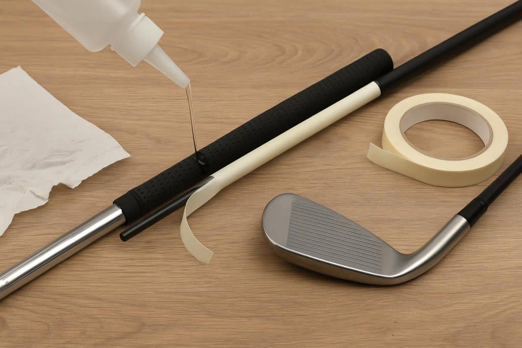 Golf club being regripped with new tape and grip for clean, efficient DIY club maintenance