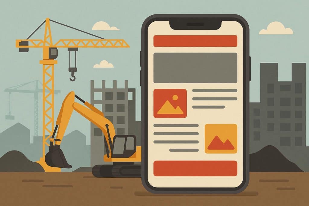 Smartphone displaying a construction company website with responsive, mobile-friendly layout