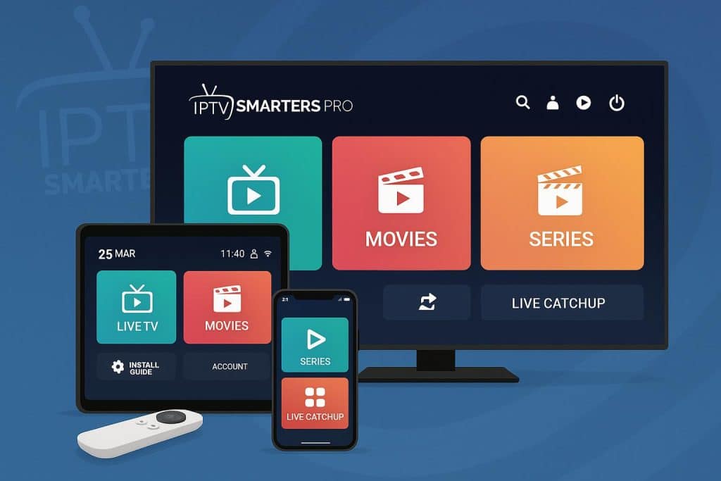 Code IPTV Smarters Pro interface displaying premium streaming platform options on a device screen