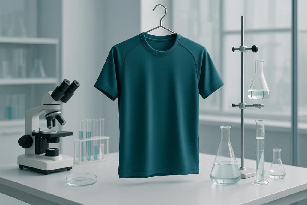 Laboratory scientists developing advanced performance fabrics with modern textile technology equipment