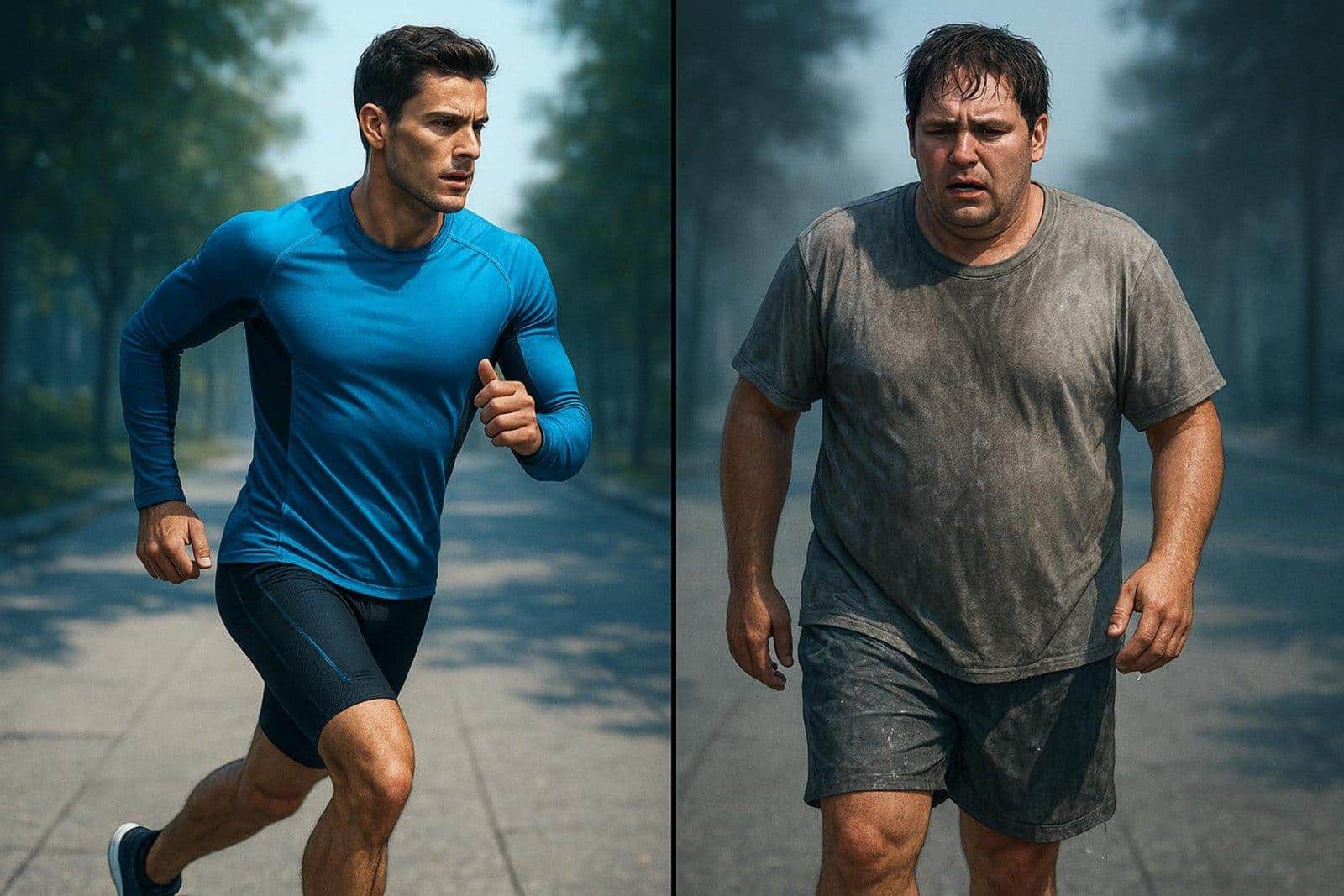 Dramatic split-screen illustration comparing two joggers showing comfort versus discomfort in different apparel types.