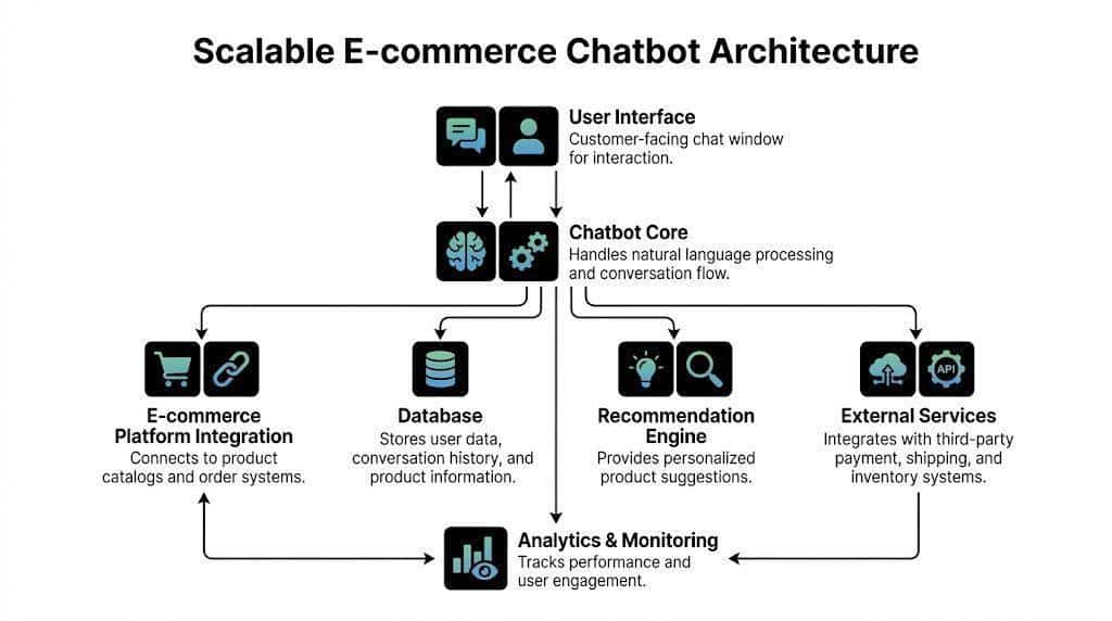 A diagram illustrating the scalable architecture of an e-commerce chatbot, showing core components and their data connections.