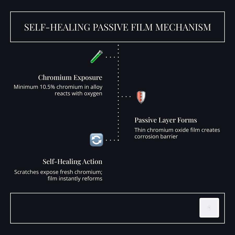 Infographic explaining the self-healing passive film mechanism - Understanding stainless steel grades infographic