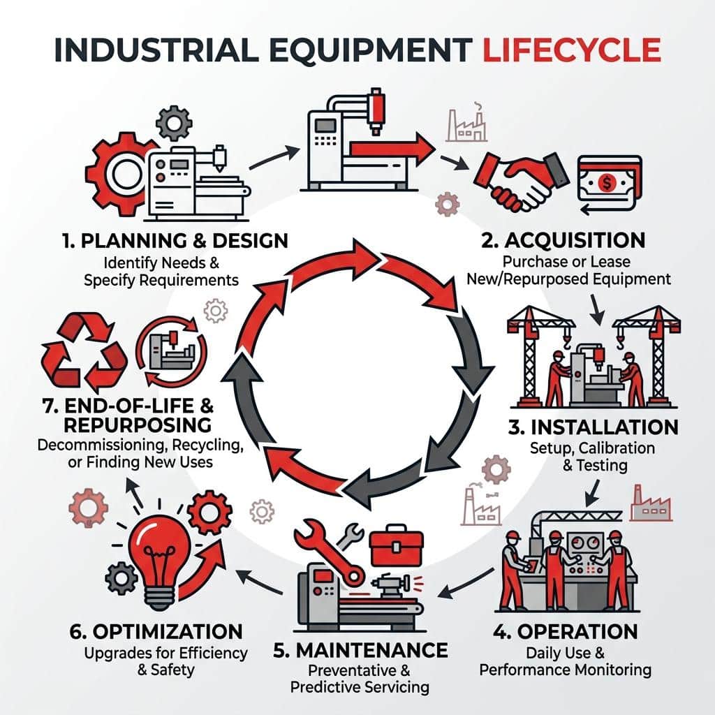 Infographic explaining the industrial equipment lifecycle - industrial equipment infographic 