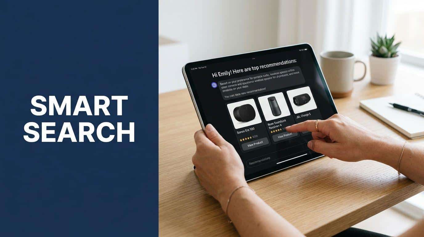 A person using a digital tablet to view personalized product recommendations on an e-commerce shopping website.