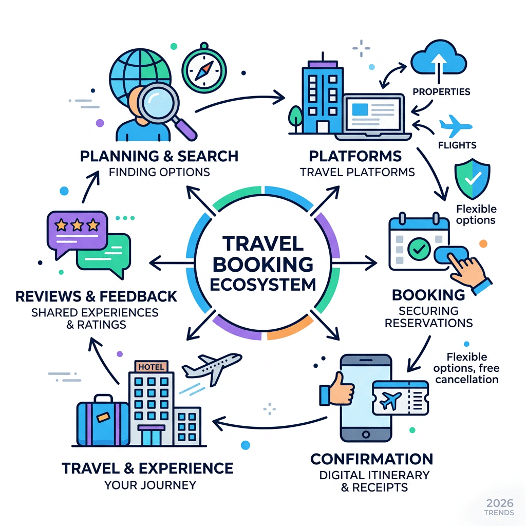 Travel booking ecosystem - Travel and Accommodations infographic 
