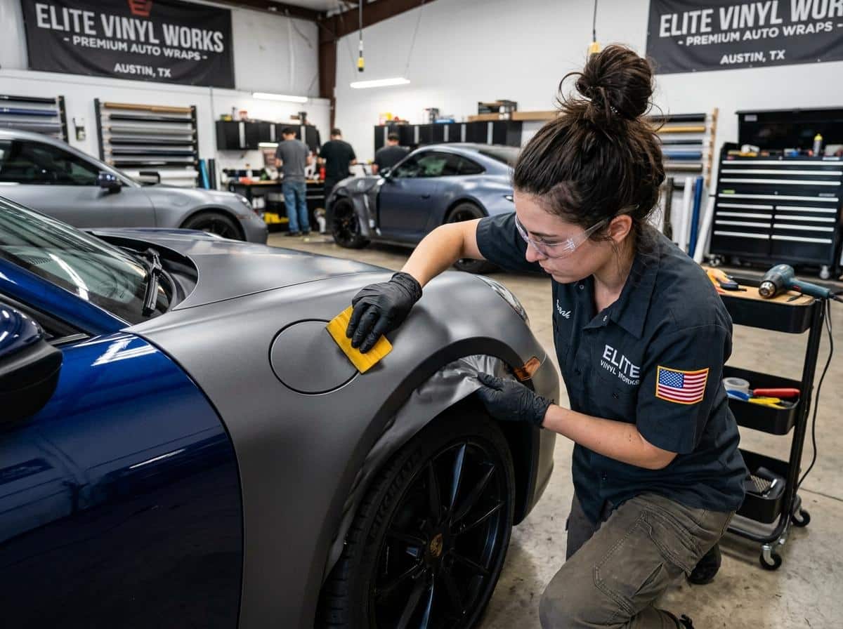 technician applying vinyl with a squeegee - car wraps in birmingham al