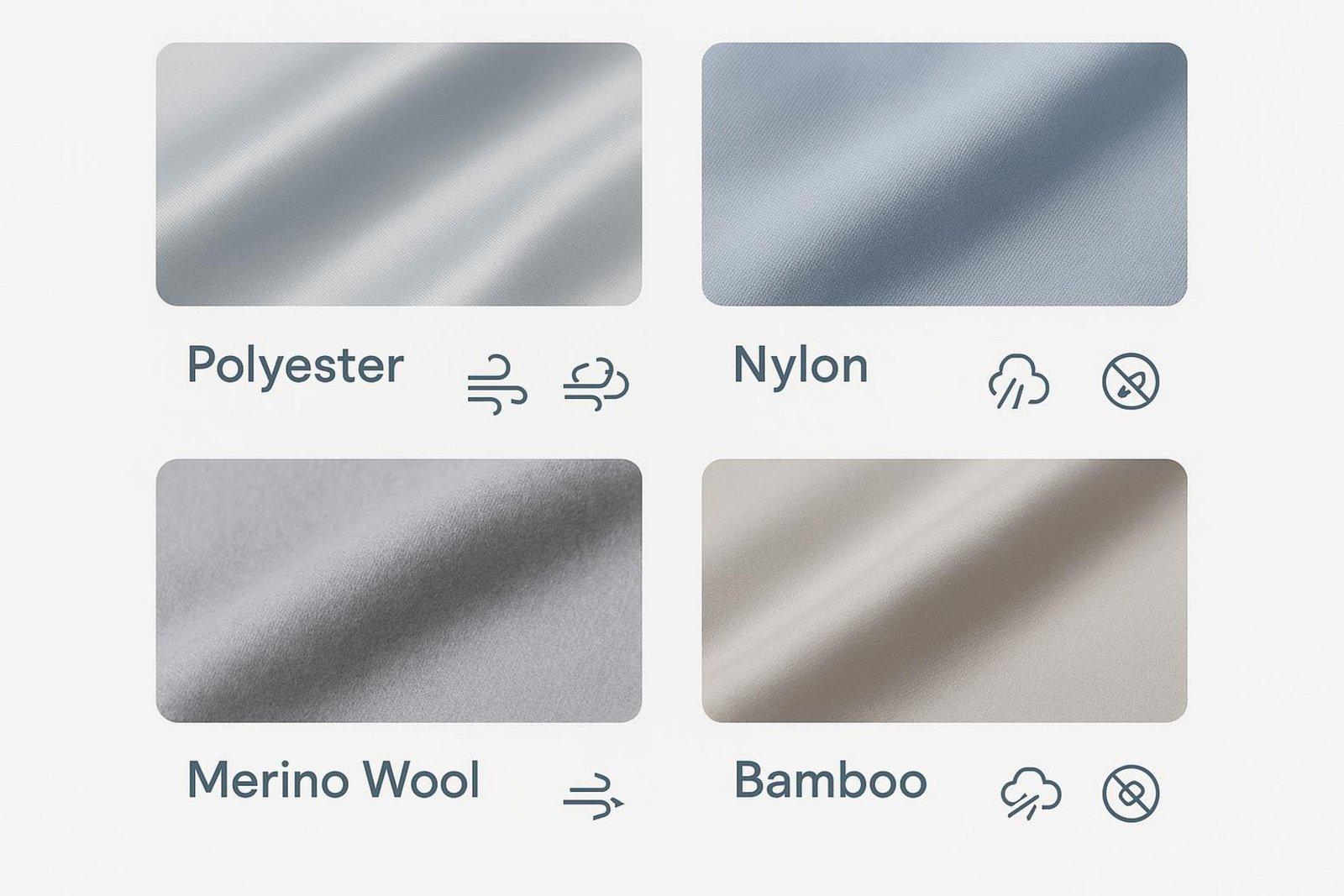Modern infographic showcasing four performance fabrics with labels and benefit icons.
