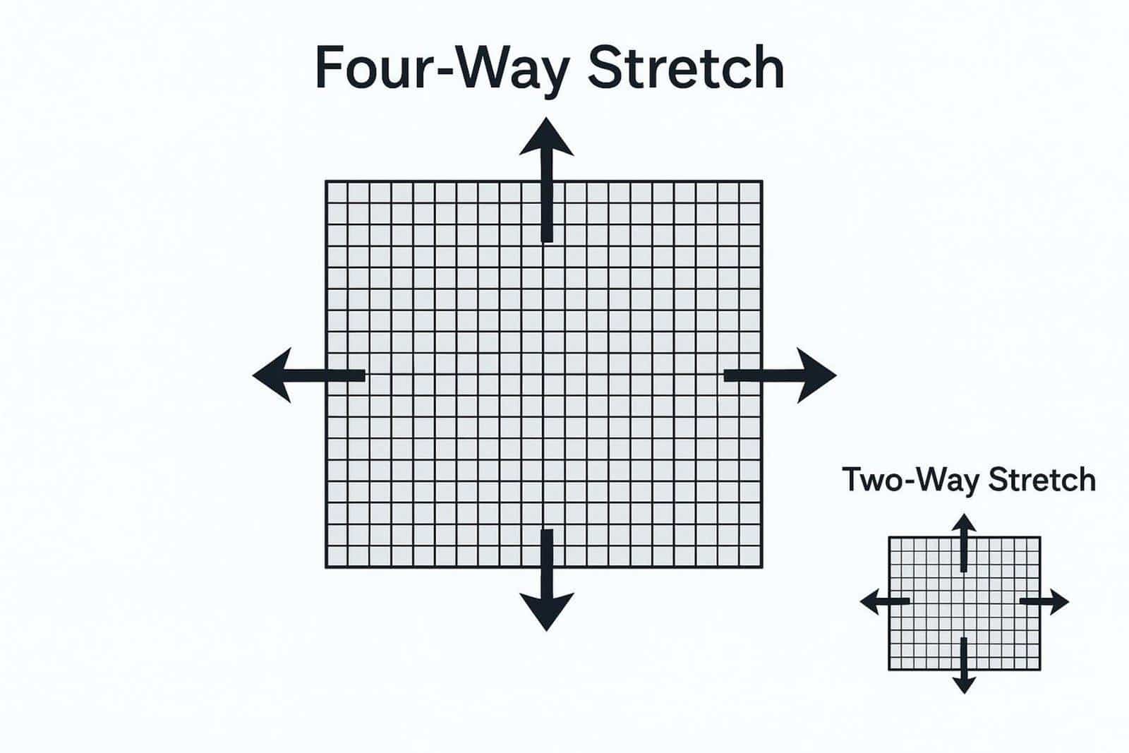 A diagram showing four-way stretch fabric being pulled in all directions with arrows indicating even grid stretching.