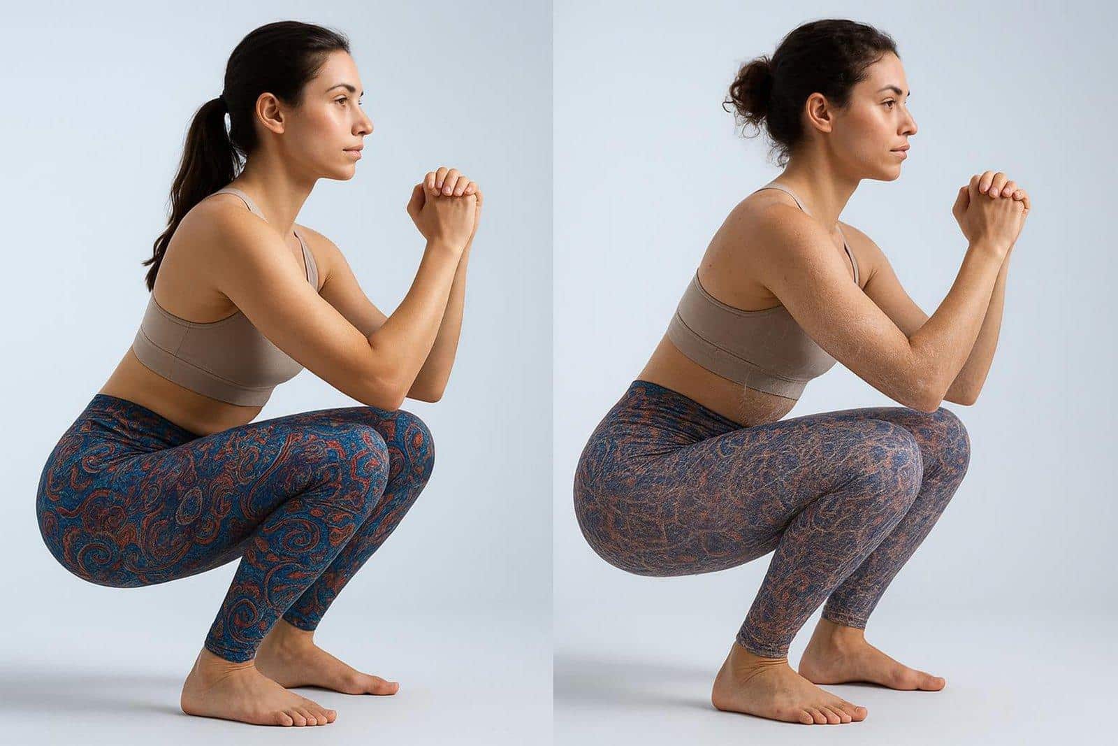 Side-by-side comparison of printed leggings during a deep squat showing fabric quality and opacity differences