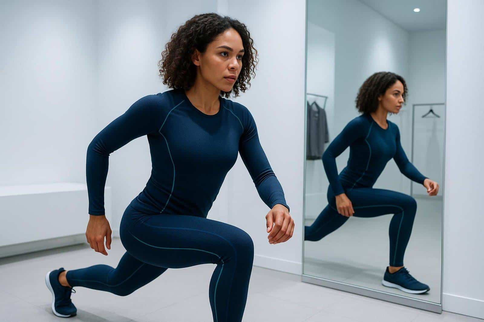 Customer performs a lunge in a well-lit fitting room, evaluating athletic wear for fit and flexibility during smart shopping.