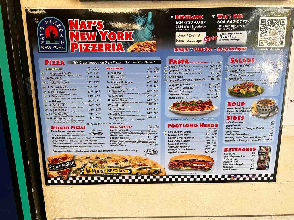 Pizza Restaurant Menu: A detailed printed menu for Nat's New York Pizzeria in Vancouver, showing pizza, pasta, and salad prices.