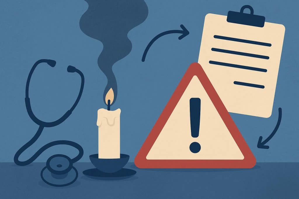 Stressed nurse holding head in hospital hallway, symbolizing early signs of burnout and turnover