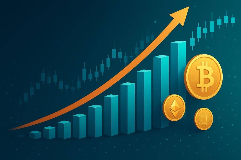 Cryptocurrency prop trading concept with digital coins and financial charts for top trading firms