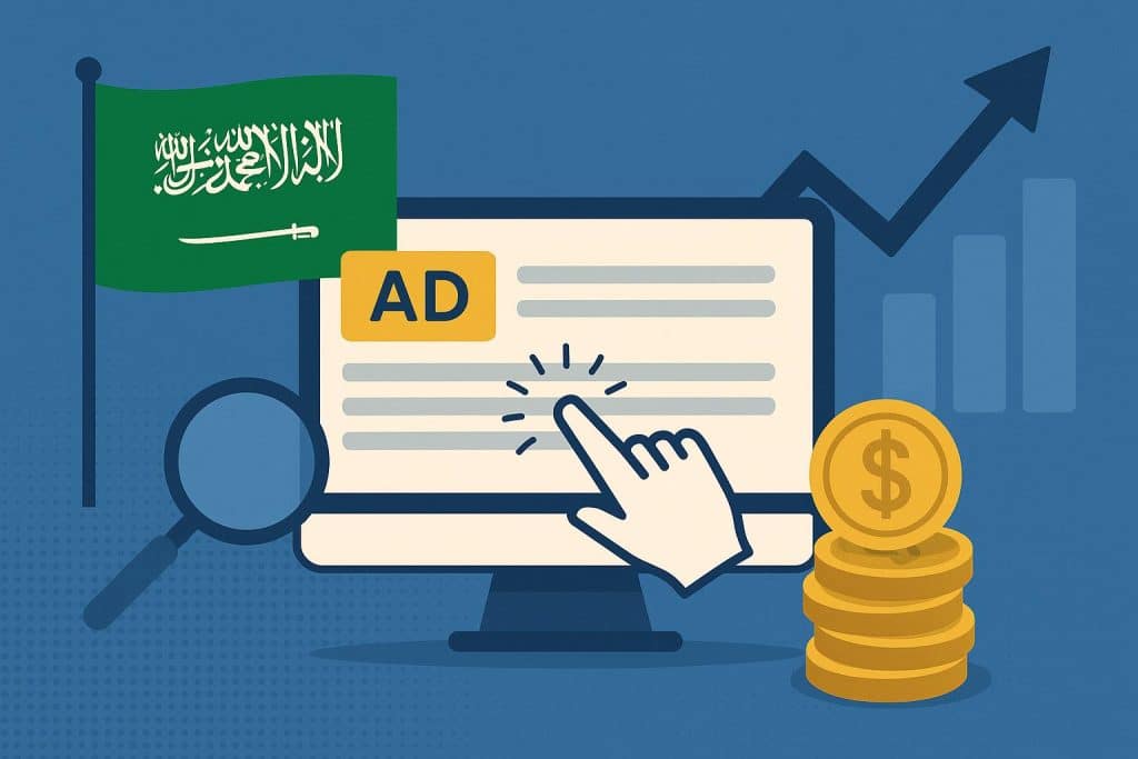 Digital marketing strategy with Saudi landmarks and PPC advertising icons boosting brand growth
