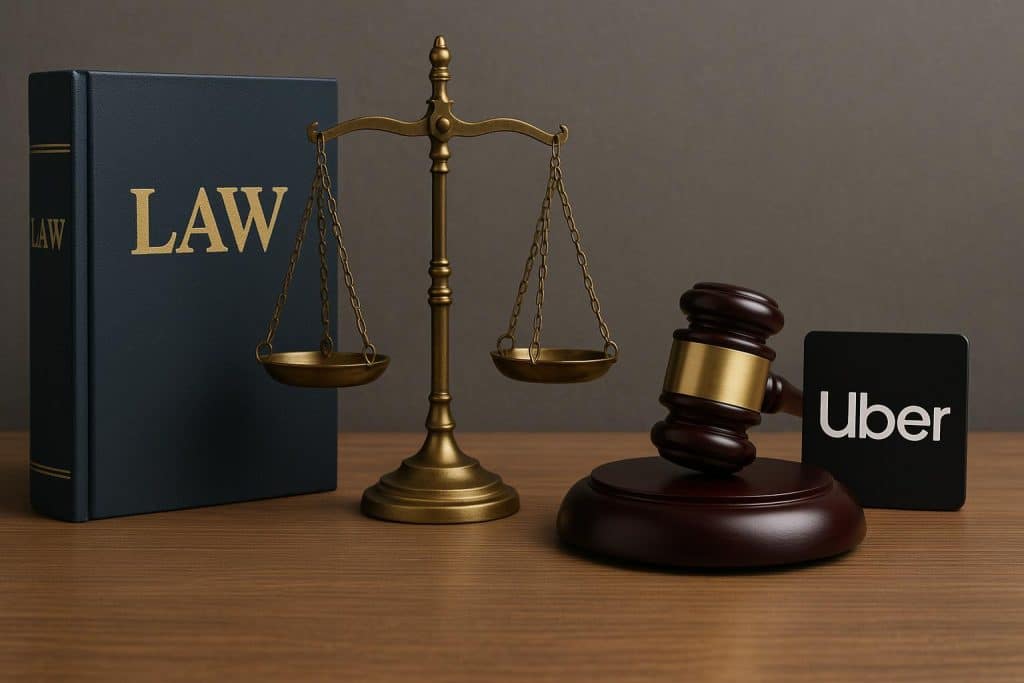 Legal gavel, Uber logo, and scales of justice symbolizing sexual assault survivor advocacy