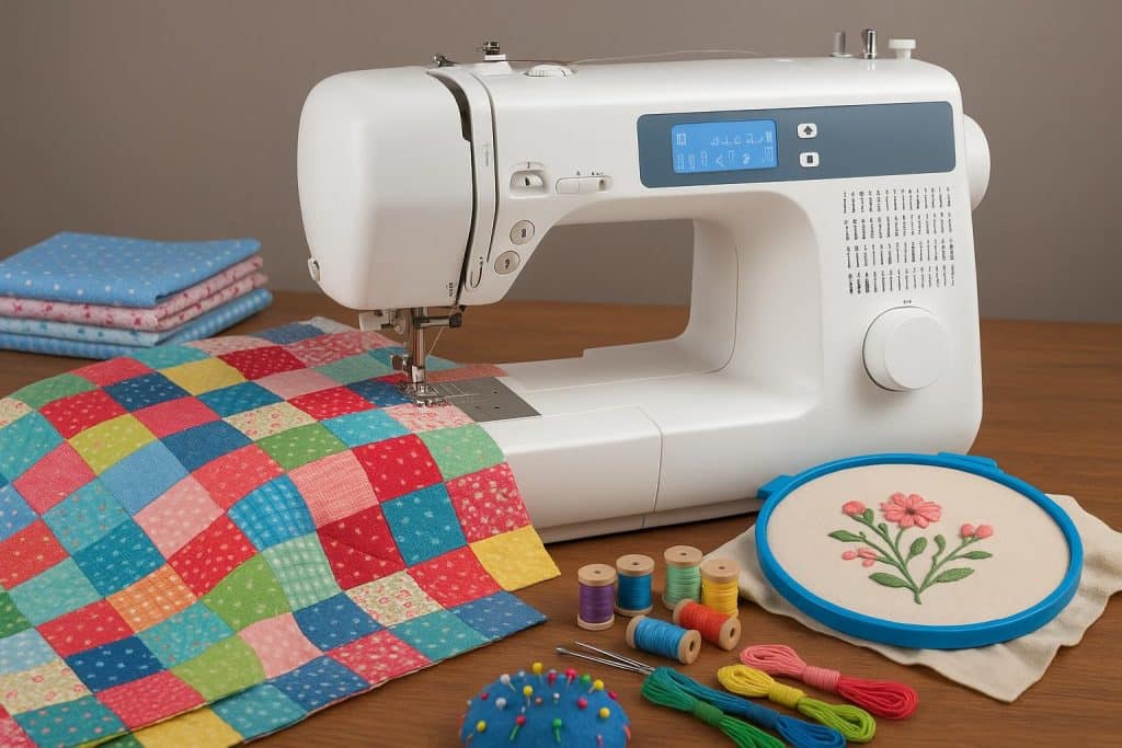 Modern sewing machines with fabric and embroidery threads favored by UK quilters and embroiderers