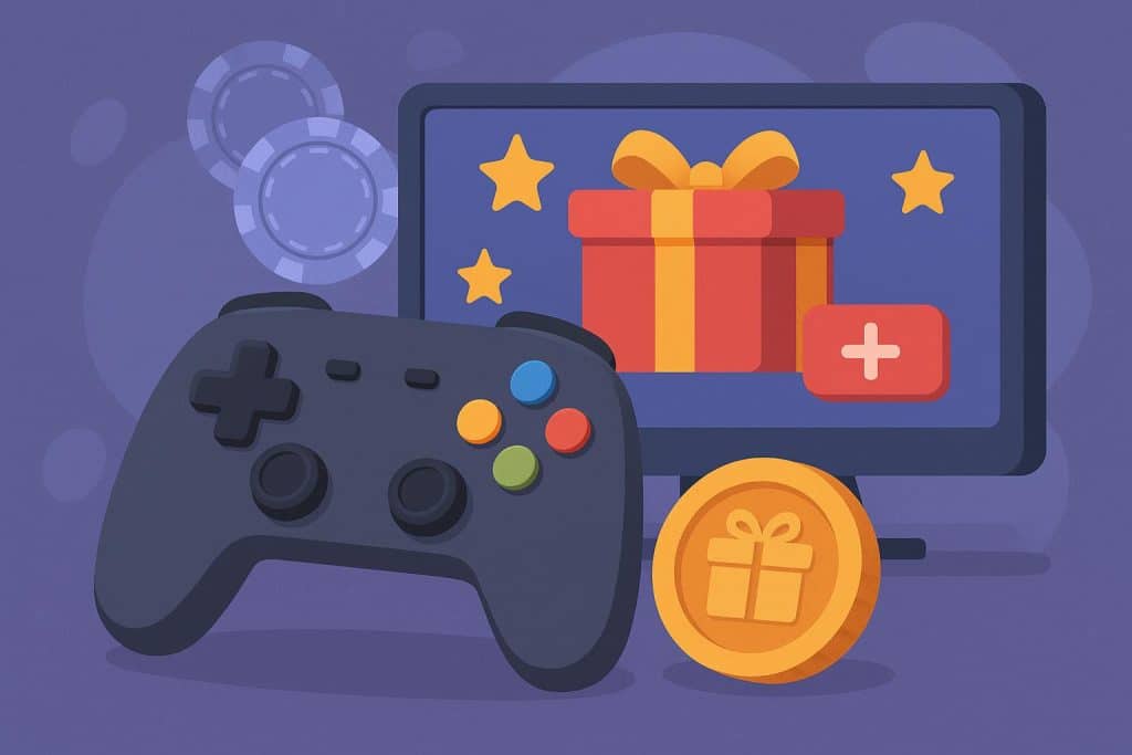 Colorful online casino bonuses, gift boxes, and game icons illustrating gaming rewards and incentives