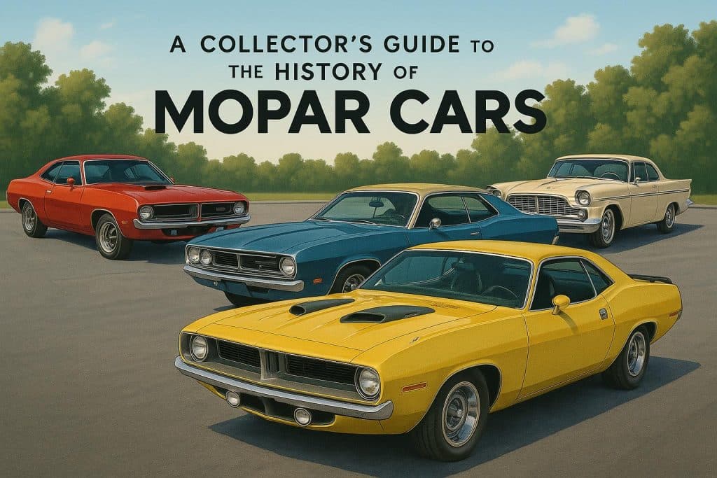 Classic MOPAR cars lined up at an automotive exhibition showcasing vintage vehicle history