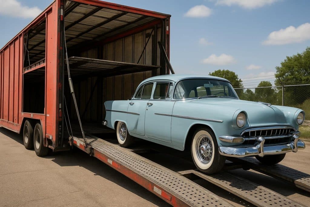 Classic car being loaded onto a covered transport truck for safe and secure vehicle shipping