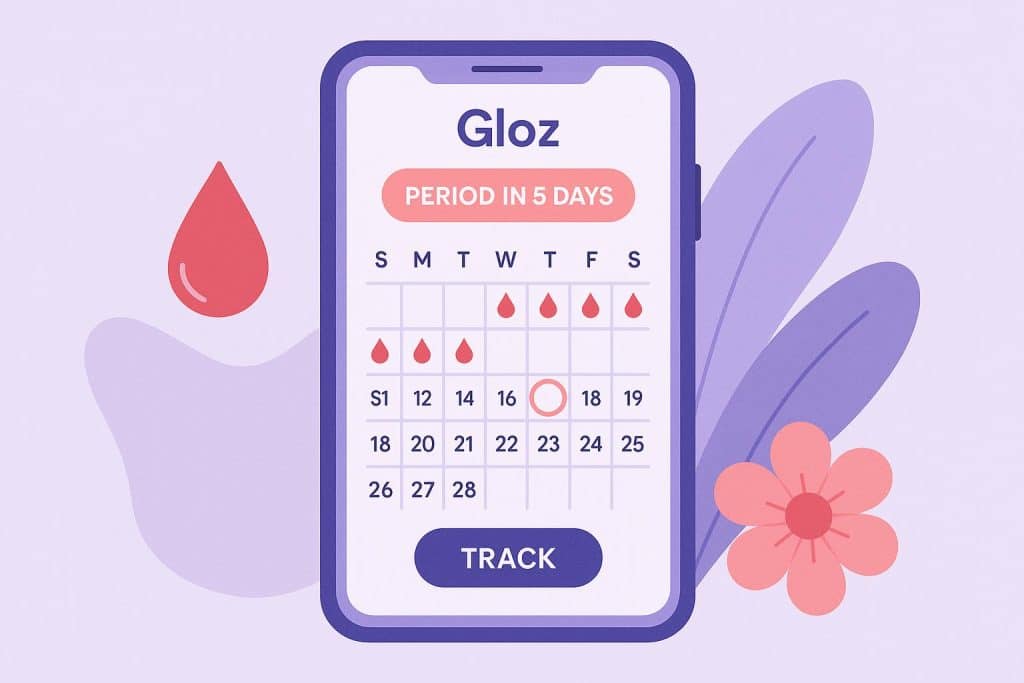 Gloz period tracker app interface highlighting menstrual cycle tracking and smart features