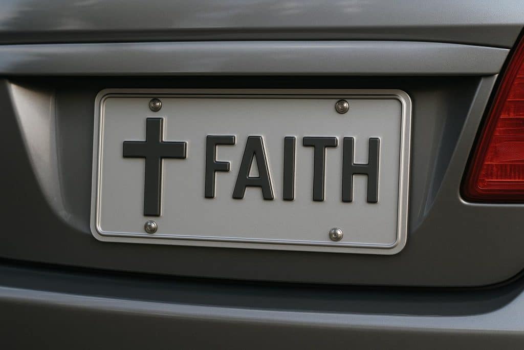Custom car license plate displaying a religious symbol to showcase personal faith expression
