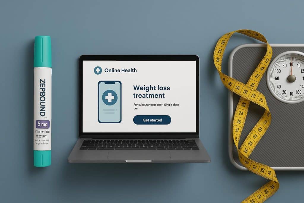 Zepbound medication bottle with measuring tape emphasizing weight loss and medical program access