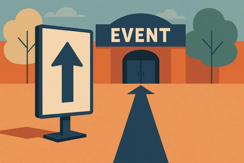 Colorful event entrance with welcoming signage attracting a crowd to increase event attendance