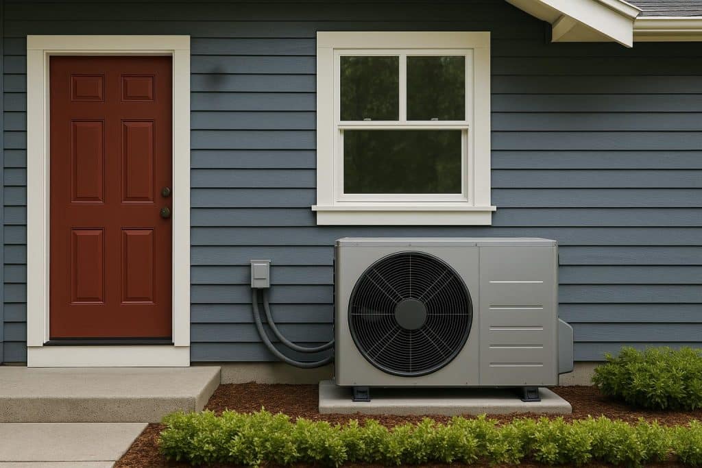 Heat pump being installed outside a suburban Mountlake Terrace, WA home for energy efficiency