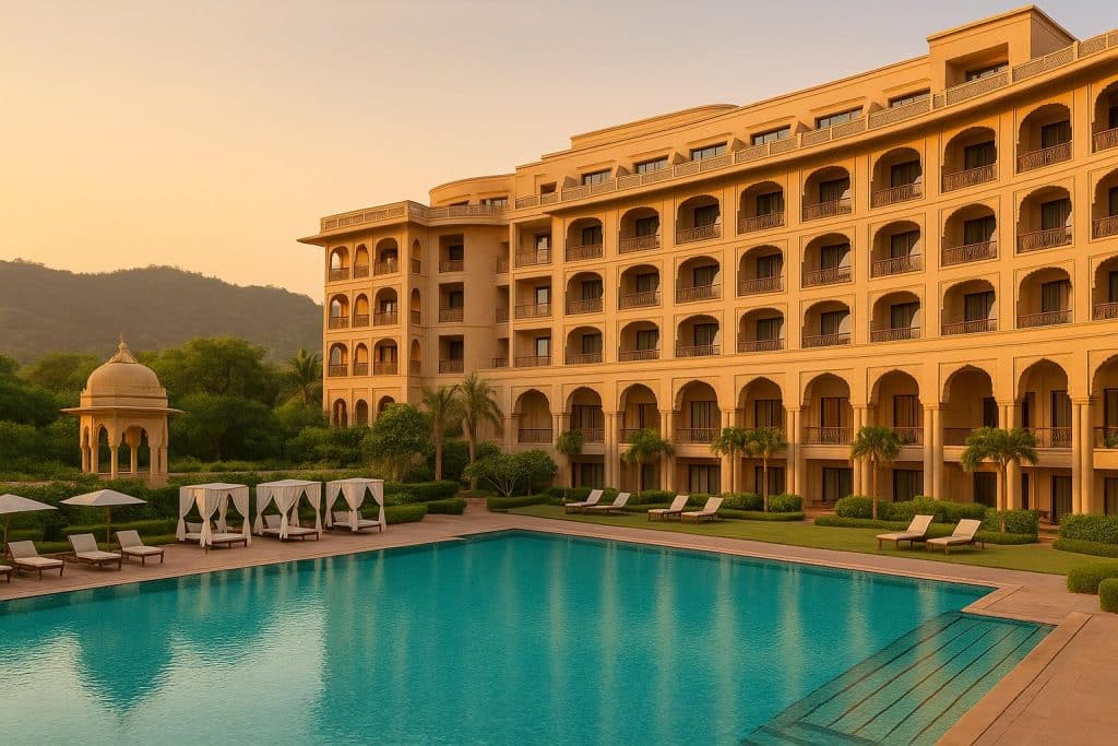 Taj Surajkund Resort & Spa with lush greenery in the Aravalli foothills, showcasing luxury stay