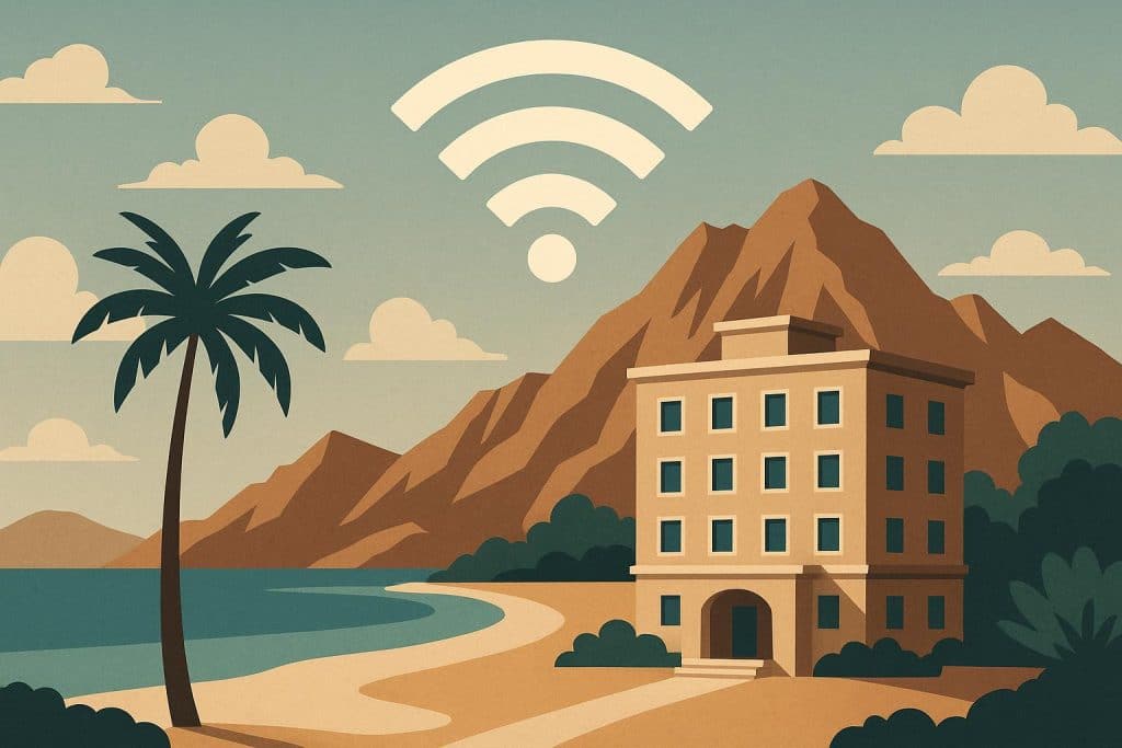 Modern hotel with Wi-Fi network icons in a remote scenic location, highlighting internet planning