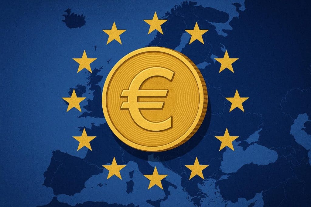 Euro coin with European Union flag background symbolizes digital euro and financial sovereignty.