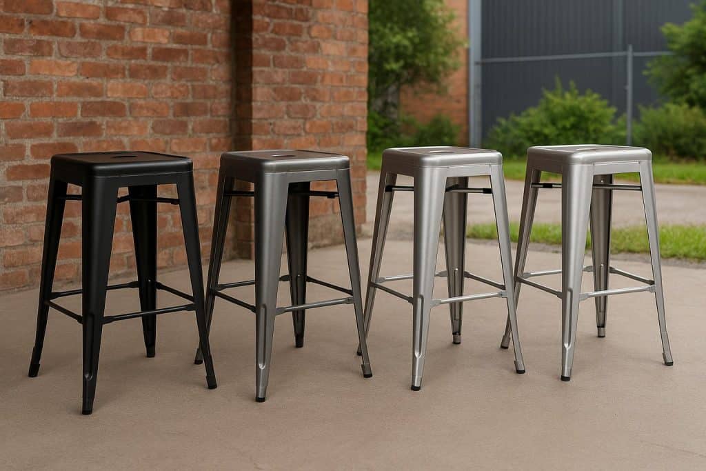 Commercial-grade industrial bar stools arranged for indoor and outdoor seating versatility