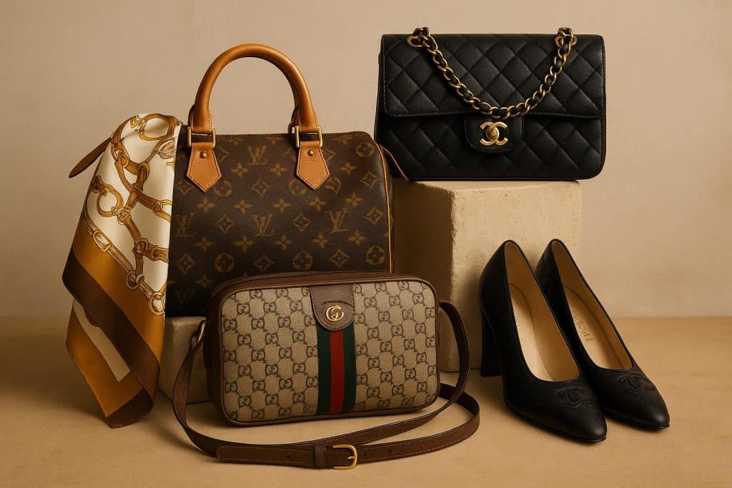 Curated vintage designer handbags and apparel displayed in a luxury boutique setting